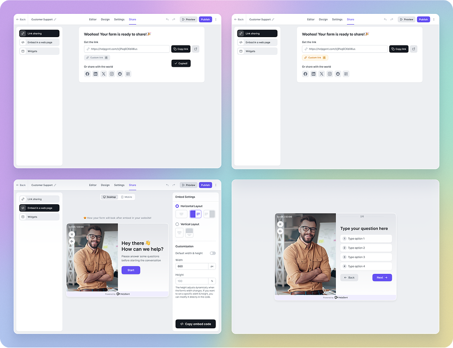 HelpGent form sharing and embed options